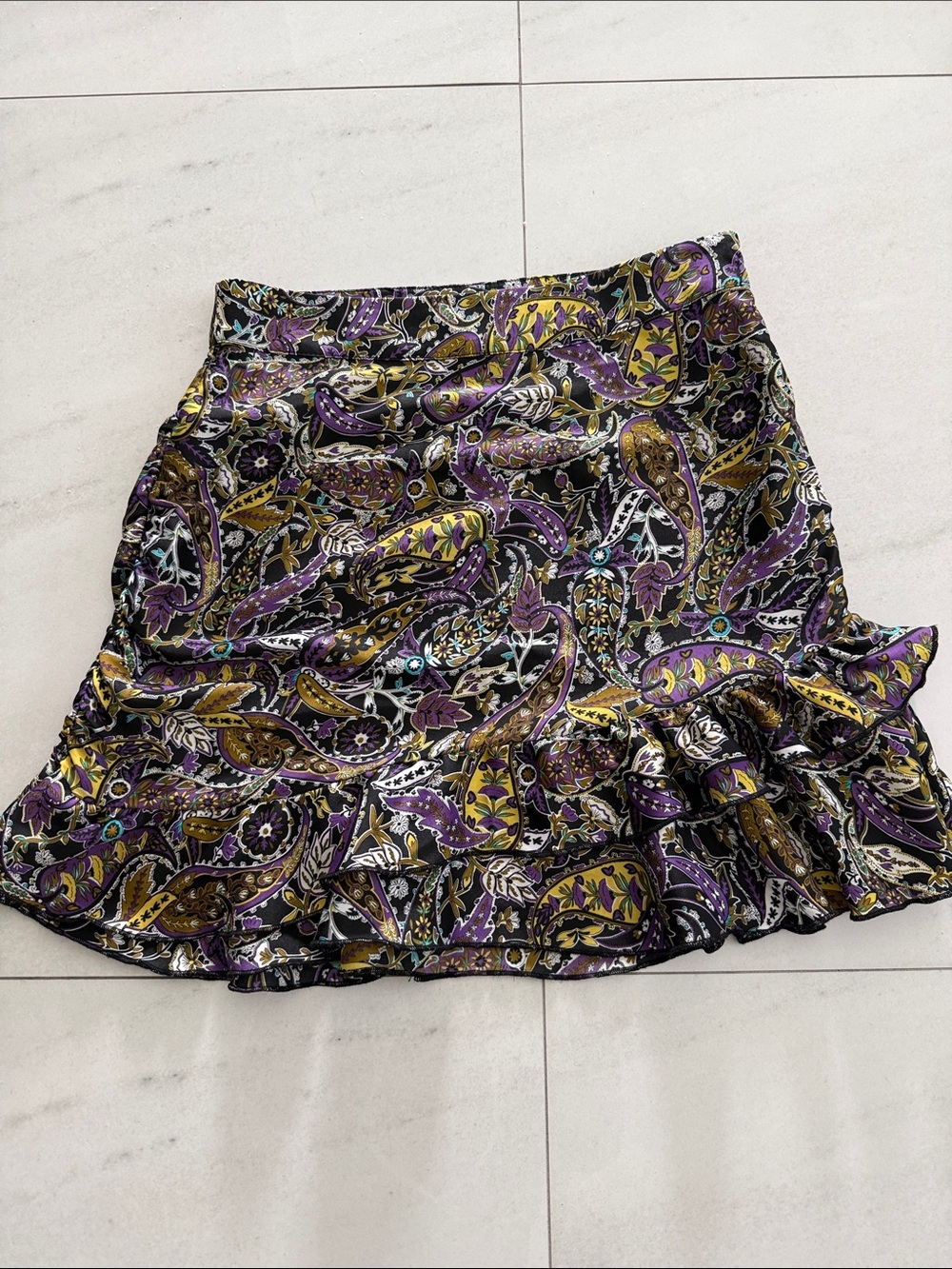 Zara Ruffled Paisley Print Mini Skirt in Purple and Gold
